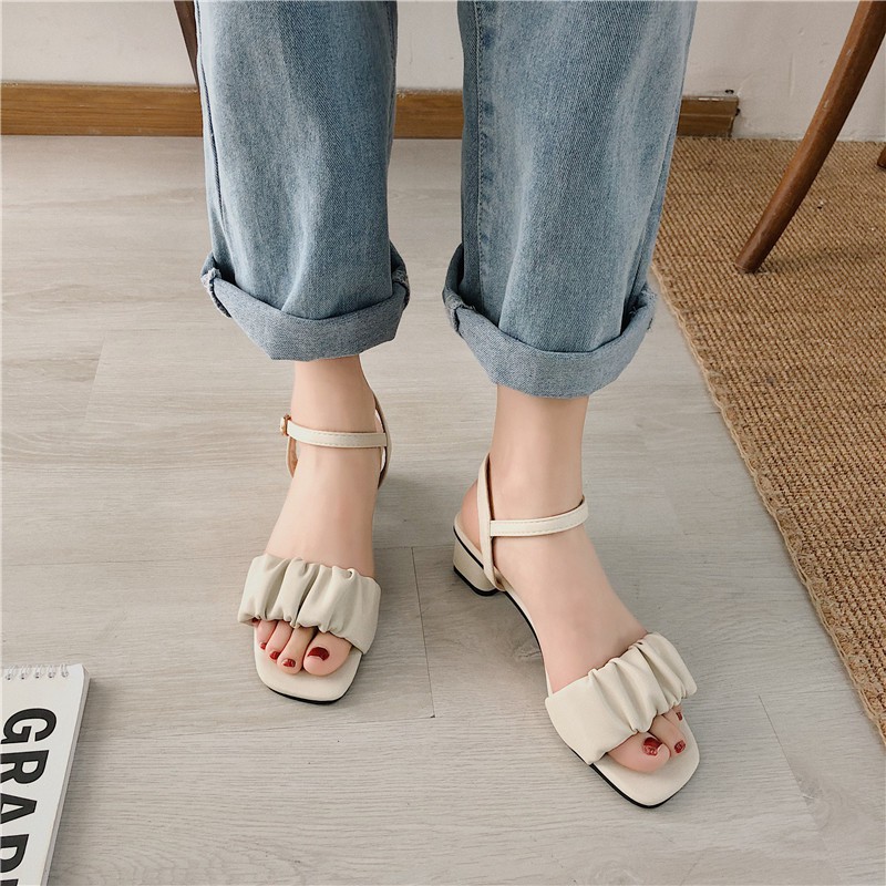 Sandal cao gót nữ quai da nhún, đế vuông cao 5cm, 2 màu Trắng + Đen phong cách Hàn Quốc  cực xinh - Mã S56