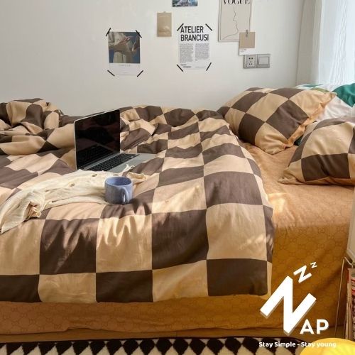 Bộ 4 Món Vỏ Chăn Ga Gối Cotton 100% Living Caro Nâu Phong Cách Hàn Quốc Vintage Sang Xịn Mịn Napbedding
