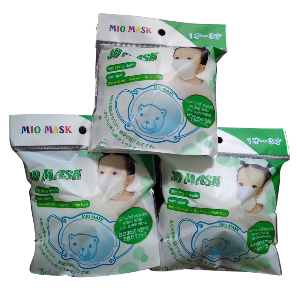 Set 3 Chiếc khẩu trang trẻ em hình Gấu 3D ( Uni Mask / Mio Mask ) kháng khuẩn chống bụi mịn theo tiêu chuẩn Nhật Bản
