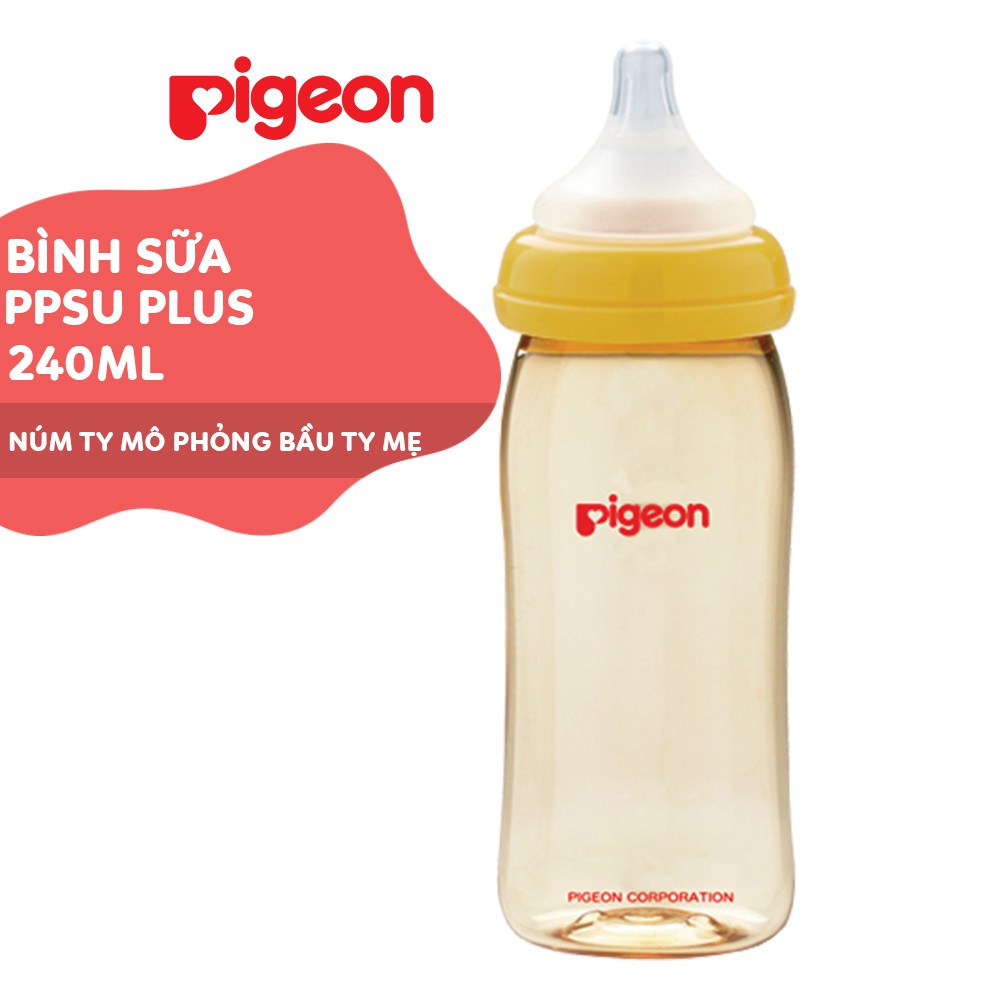 Bình sữa Pigeon 240ml cổ rộng PPSU Plus với núm vú silicone siêu mềm Plus