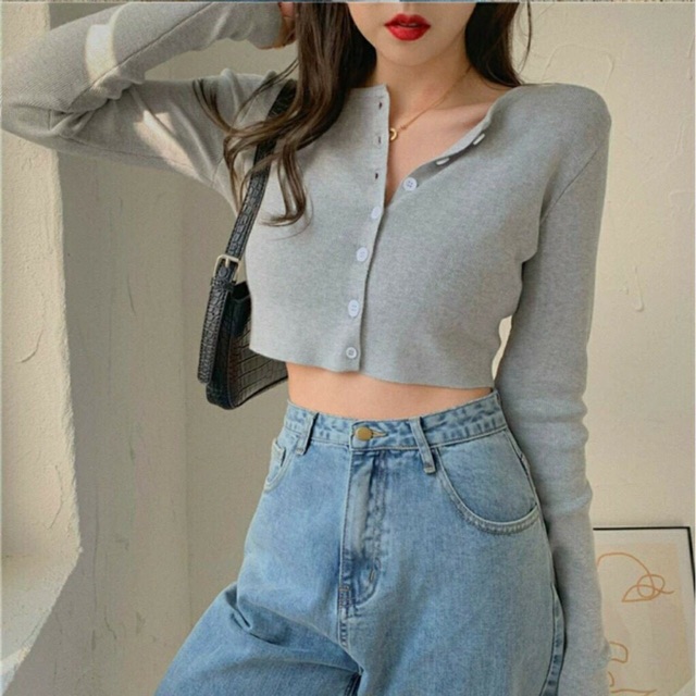 Áo croptop dài tay cài khuy YAN chất cotton tăm lạ xinh xắn