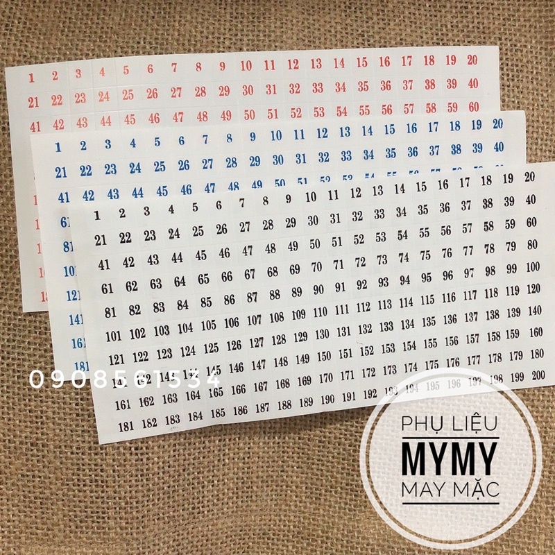 Nhãn dán Decal số thứ tự từ 1-200  - bộ 2 tờ