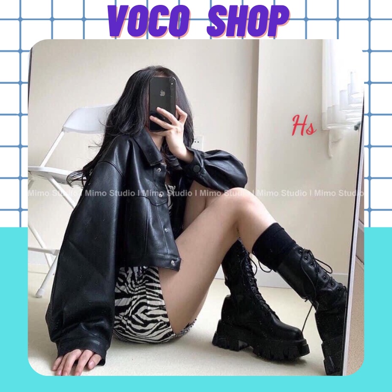 Áo Khoác Da Croptop Nữ Tay Dài Tay Bồng Dáng Ngắn Cúc Bấm ,Chất Liệu Mềm Mịn Không Nhăn- VOCO