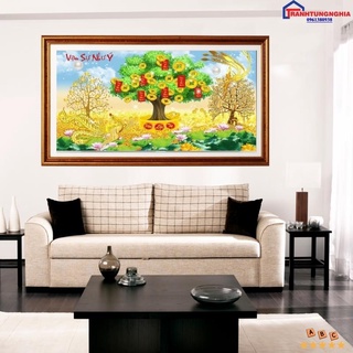 Tranh đính đá LV566 (1m x 55cm), tranh thêu chữ thập cây kim tiền tài lộc LV3524 (84cm x 47cm)