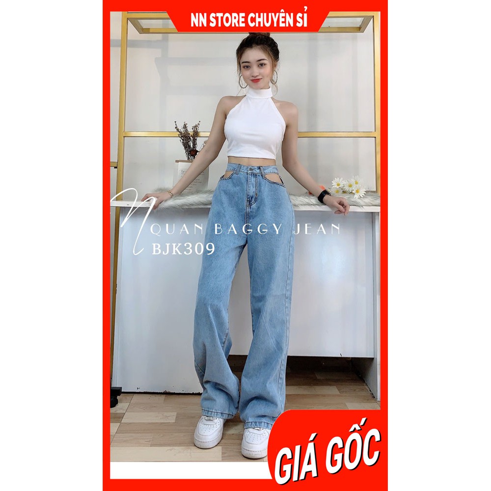 Quần baggy ống rộng suông Quần dài suông nữ chất jean cao cấp lưng phối kiểu dễ thương BJK baggy jean tổng hợp