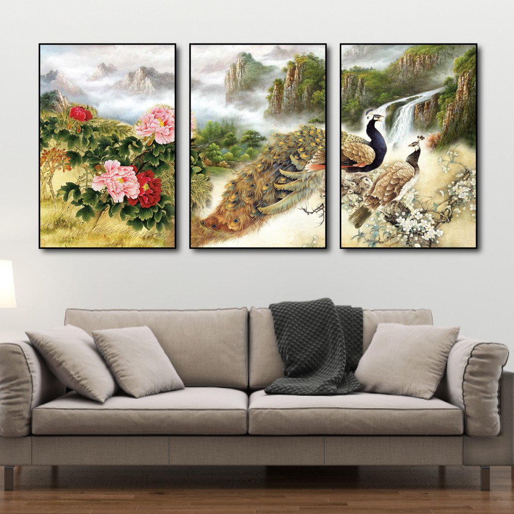 Tranh treo tường canvas chim công và hoa mẫu đơn decor trang trí phòng khách và phòng ngủ có khung cao cấp khổ lớn 40x60
