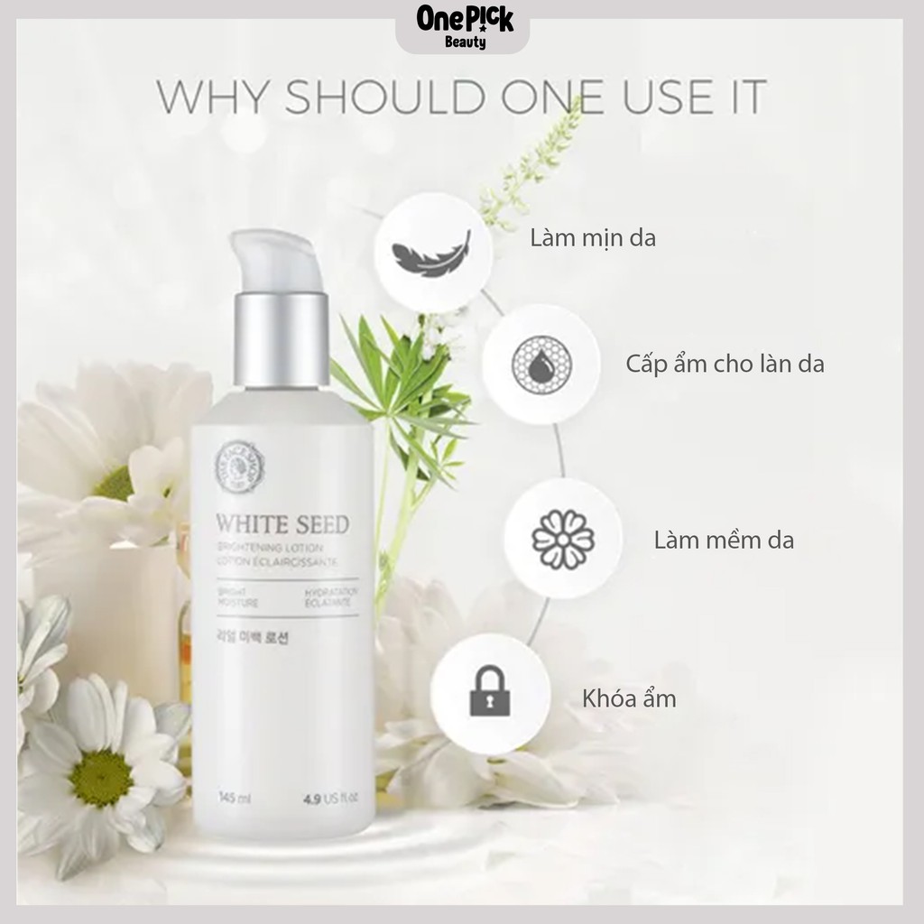 Sữa dưỡng THE FACE SHOP WHITE SEED mờ thâm, làm sáng, cấp ẩm và làm mềm da với thành phần dịu nhẹ từ hạt hoa đậu, hoa cúc trắng, vỏ cây liễu cho làm da tươi sáng [WHITE SEED WHITENING LOTION THE FACE SHOP 145ML]