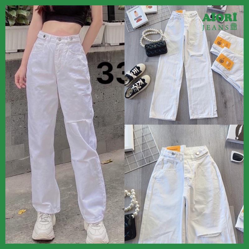 Quần Jean Nữ Aiori Ống Rộng Cạp Cao Bò Suông Trang Hàn Quốc Vải Cotton Thoáng Mát, M