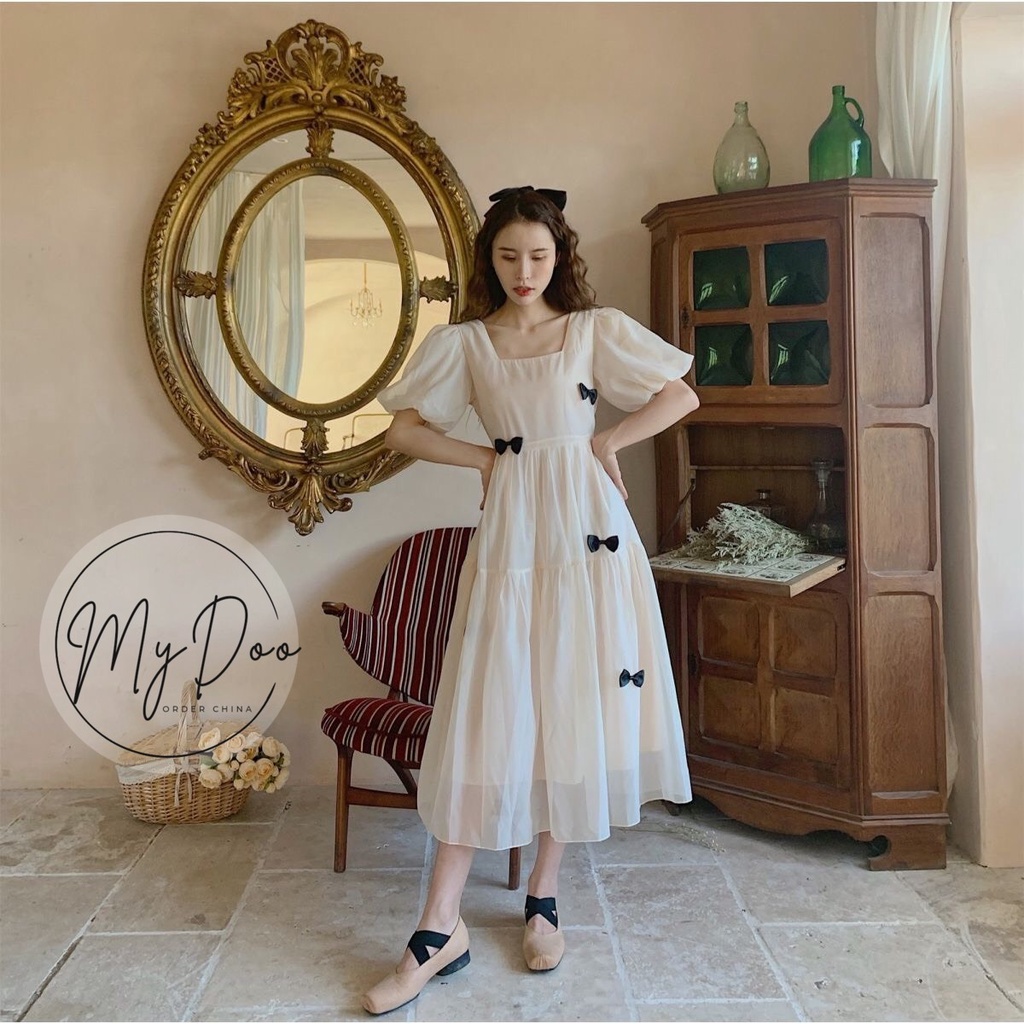 Váy trắng tiểu thơ dài xinh xắn 2 lớp HOT TREND váy baby doll nơ tay bồng cho nữ - V1