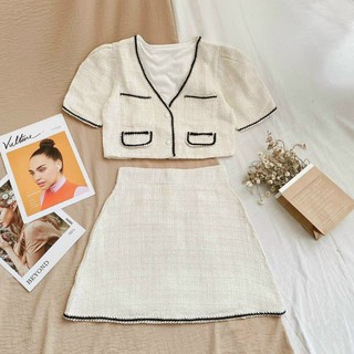 Set croptop dạ 2 túi , chân váy