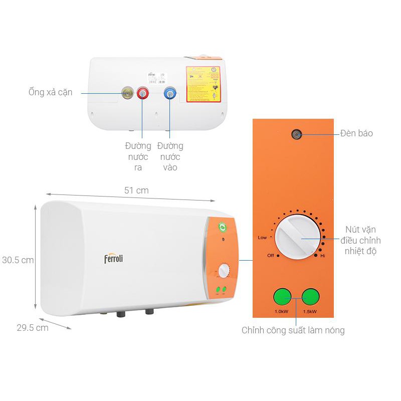 Bình nóng lạnh Ferroli VERDI - TE (1500W+1000W, 3 công suất) - bảo hành 8 năm