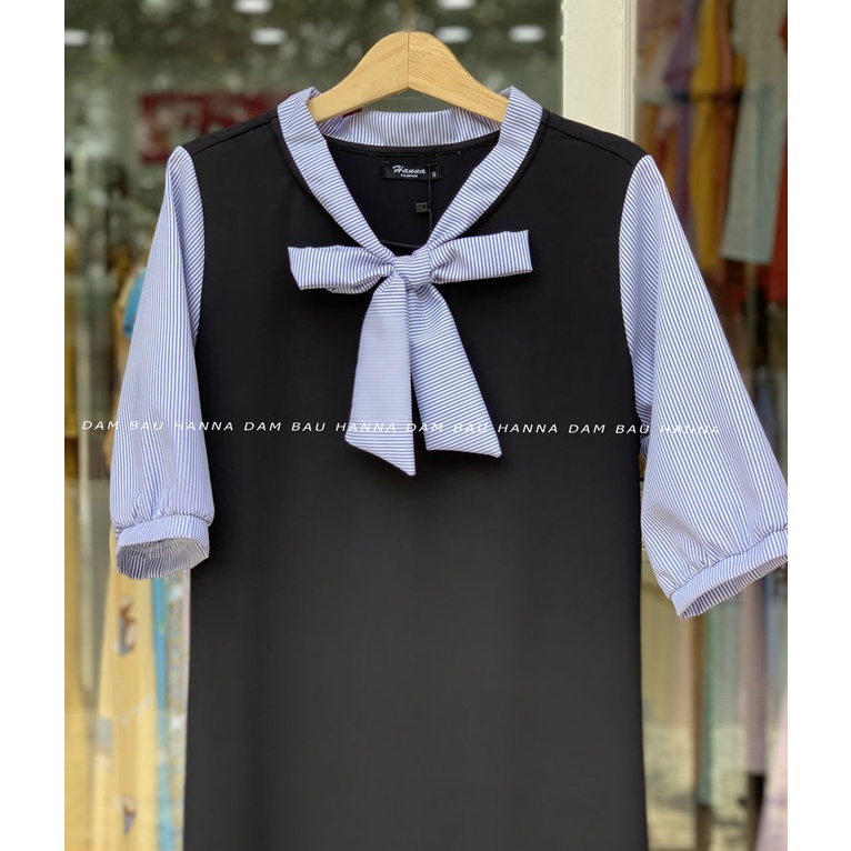 [HANNA] Đầm bầu công sở cao cấp đầm bầu xanh đen phối sọc có size 80kg dài qua gối vải cao cấp mềm mát không nhăn