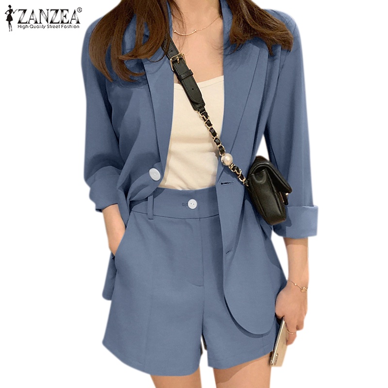 Set đồ ZANZEA gồm áo khoác blazer dài tay cổ bẻ + quần short lưng cao ống rộng thời trang nữ
