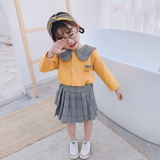 Set bé áo vàng mix chân váy kẻ