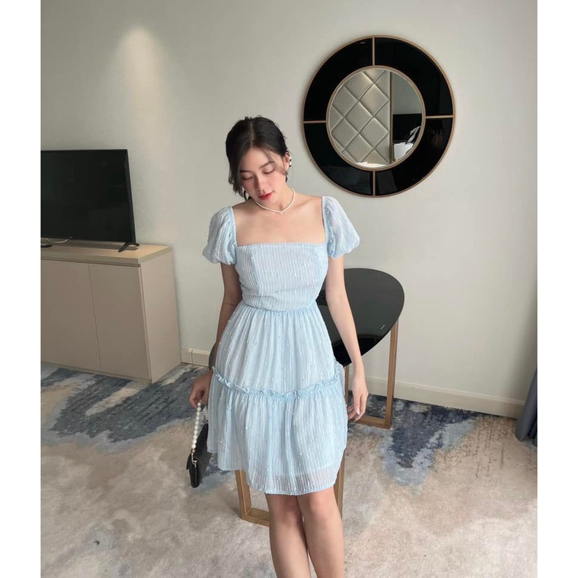 [HÀNG THIẾT KẾ CAO CẤP] Đầm Xòe Tay Phồng Cut Out Cột Nơ Hở Lưng Đi Biển / Đi Tiệc Dễ Thương Màu Xanh Pastel