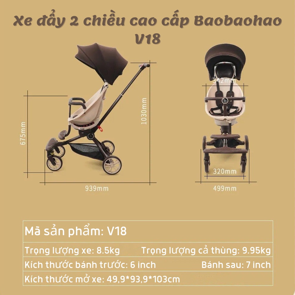 [Hỏa tốc HCM] Xe đẩy gấp gọn Baobaohao V18 ngồi ngả 5 chế độ kèm gối da và mái che mẫu mới nhất 2022