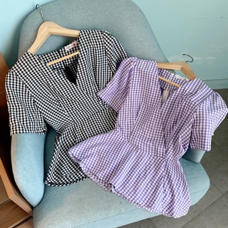 Hottrend Áo Peplum BìgSize Cổ Tím Phối Caro Bigsize Dành Cho Người Mập Béo ( Đủ Size 55-90kg )