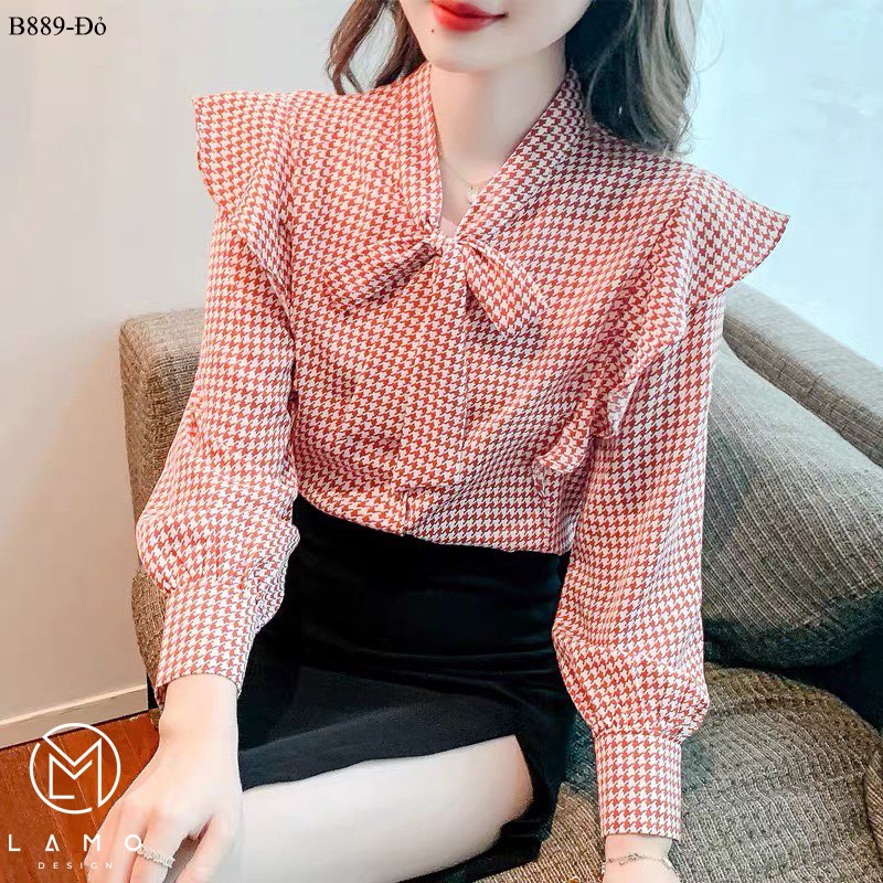 Áo sơ mi công sở nữ hoạ tiết kiểu hàn quốc đẹp cột nơ LAMO-B889 | BigBuy360 - bigbuy360.vn