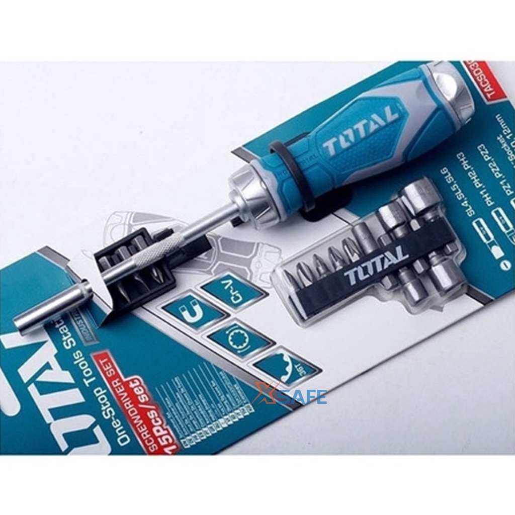 Bộ tua vít 15 đầu TOTAL TACSD30156 nhỏ gọn, đa năng, chất liệu CR-V chịu được lực cao, 2 chiều tự động - chính hãng