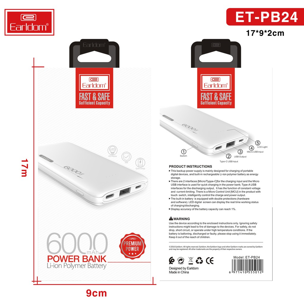 Sạc Dự Phòng Earldom PB24 Chính Hãng 6000mAh Earldom Hàng Chính Hãng - BH Lỗi 1 Đổi 1