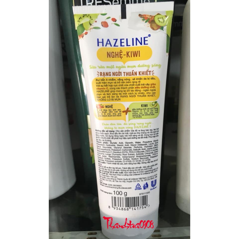 Sữa rửa mặt ngừa mụn dưỡng sáng Hazeline nghệ Kiwi 100g