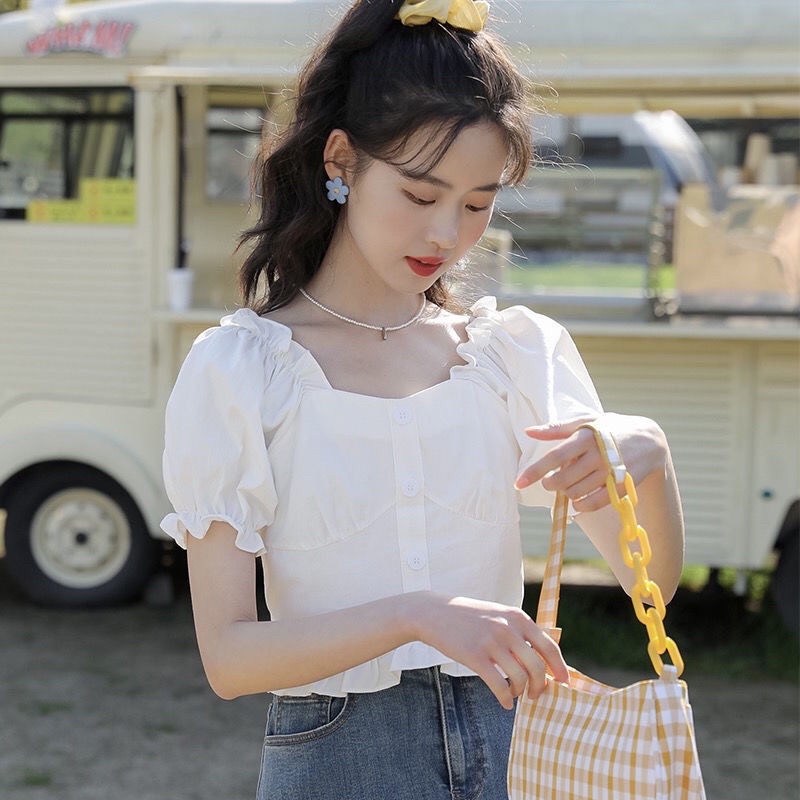 Áo Croptop nữ tay ngắn phối bèo nhún phong cách Hàn Quốc mã QD095