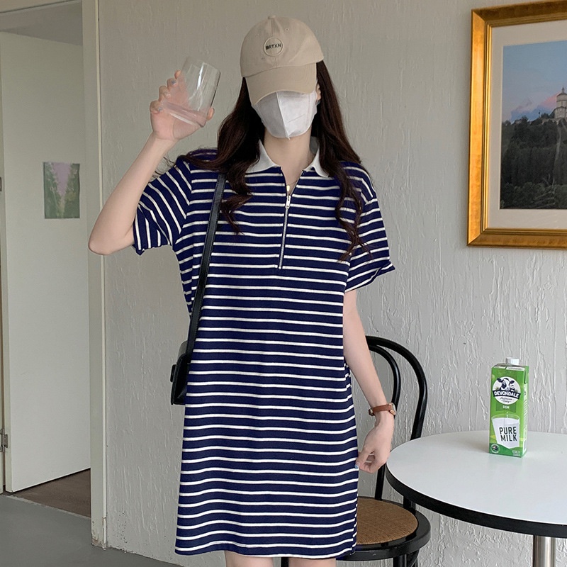 Đầm thun polo IELGY tay ngắn dáng rộng họa tiết kẻ sọc thời trang xinh xắn cho nữ
