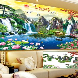 Tranh thêu chữ thập lưu thủy sinh tài kt 195×83cm(kèm hình thật)