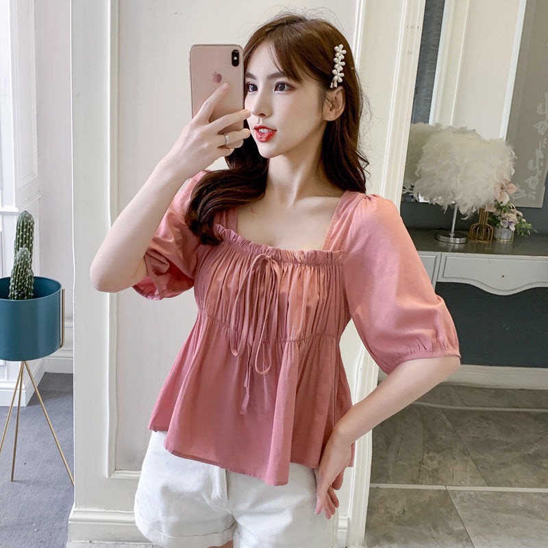 Áo sơ mi nữ tay bồng xếp ly ngực dáng babydoll | BigBuy360 - bigbuy360.vn