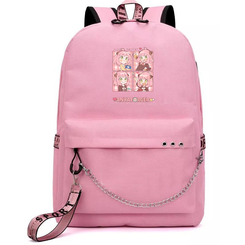 Balo thông minh đen hồng in hình ANYA ver ĂN UỐNG Spy x Family chibi anime cặp sách đi học