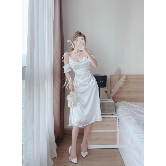Váy đầm nữ dự tiệc dáng xòe tiểu thư kiểu tay rớt cổ đổ cột nơ vai