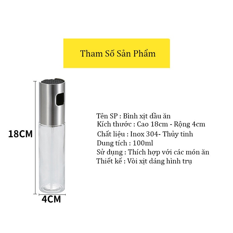 Bình xịt dầu ăăn 100ml , phun xương cao cấp nắp inox thân thuỷ tinh