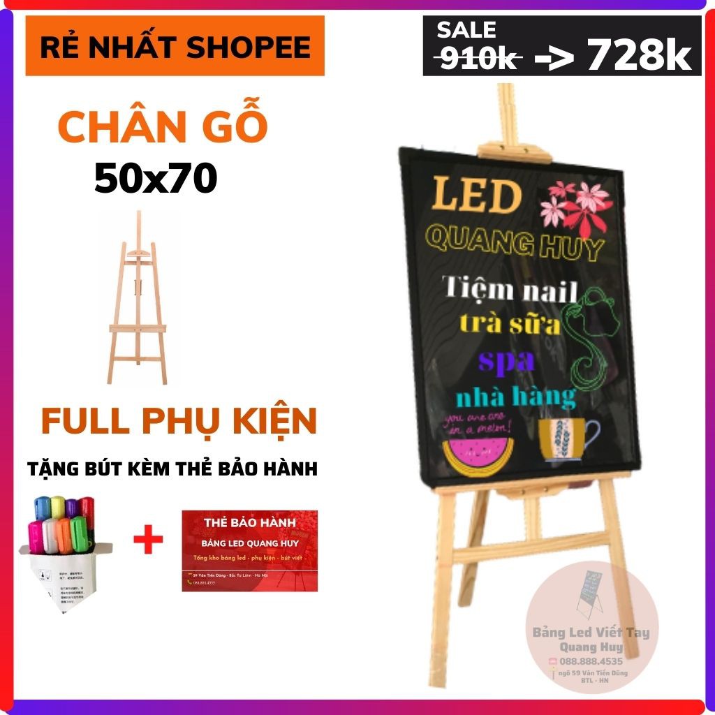 Chân Gỗ Bảng LED Huỳnh Quang 50*70  ❤️FREESHIP❤️Bảng LED Dạ Quang Full Phụ Kiện +Thẻ Bảo Hành 12 tháng