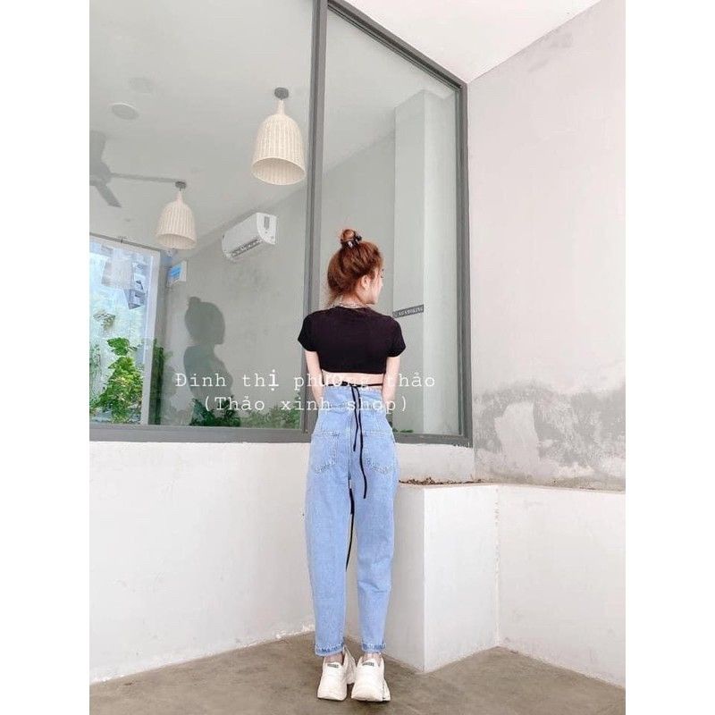 Quần jean nữ cạp cao đan lưng sau