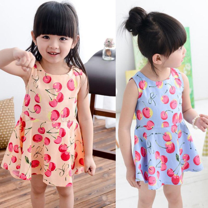 Đầm xòe không tay in hình quả anh đào dễ thương cho bé