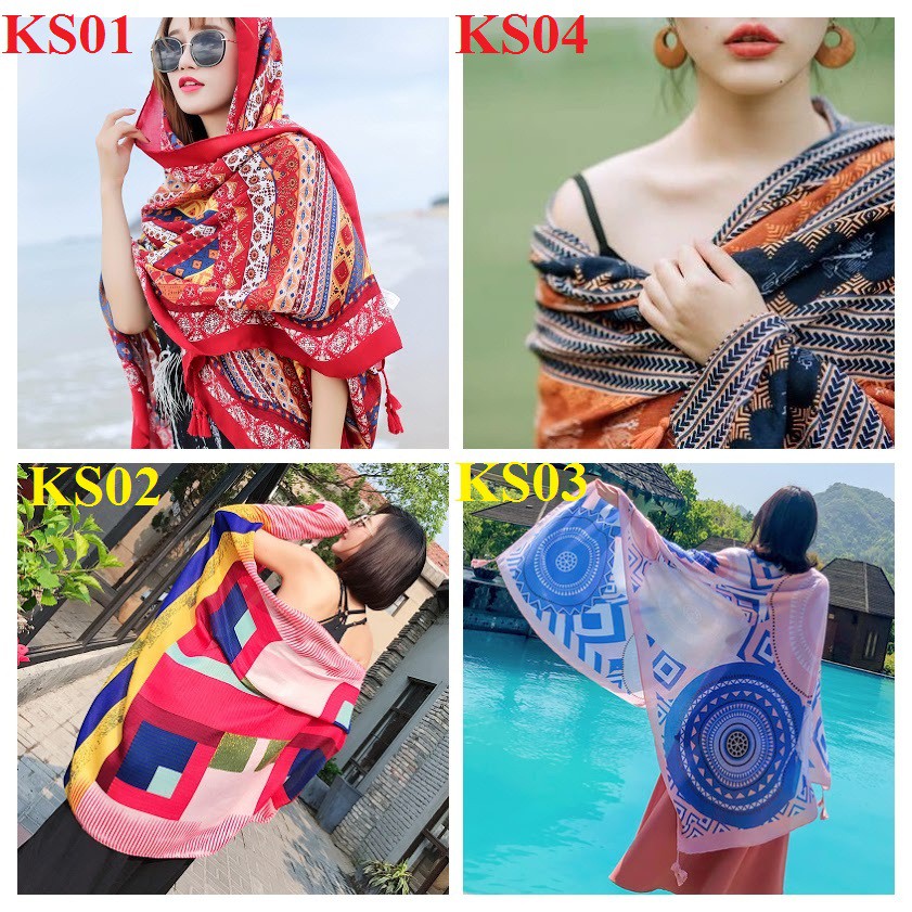 [Mã 44FASHIONSALE1 giảm 10K đơn 50K]Khăn choàng boho đi biển, khăn choàng thổ cẩm, phong cách vintage MS 01-08