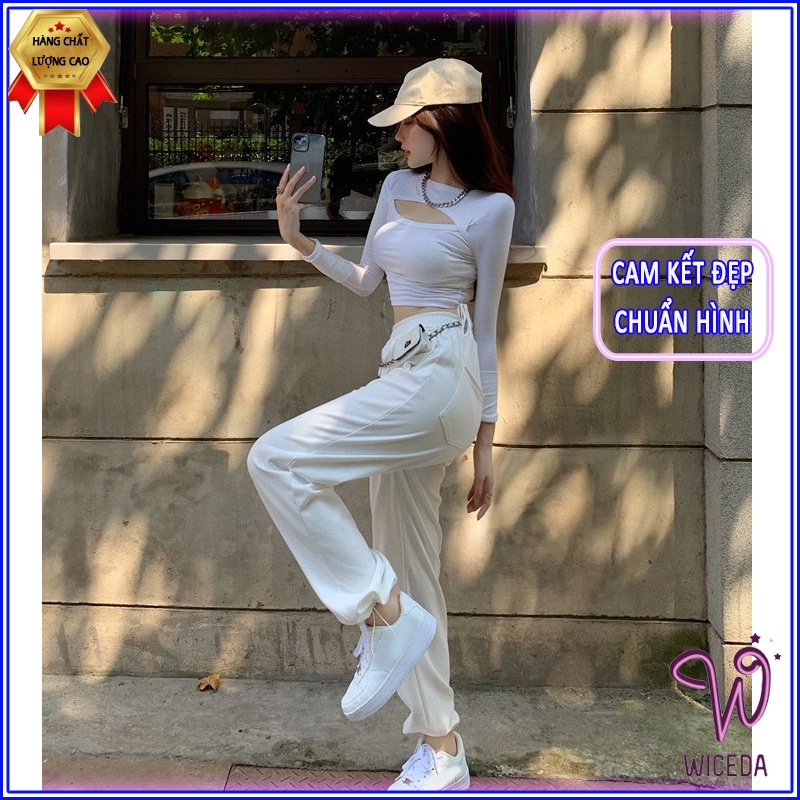 Áo croptop tay dài khoét ngực dây rút eo ôm body đẹp , ao thun kiểu nữ xinh chất cotton mềm mịn 2 màu đen trắng Wiceda 1