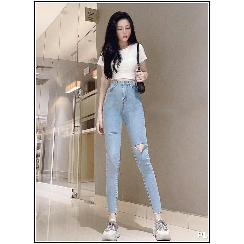 Quần jean nữ kiểu RÁCH ĐÙI XẺ RÁCH GỐI LAI xanh nhạt bảng size 26-30 chất jean giãn tốt R.1/1096