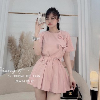 Set áo phông gắn nơ mix quần giả váy 💖FREESHIP💖 Áo phông mix quần ống rộng thời trang AD130 - Anhduong.store