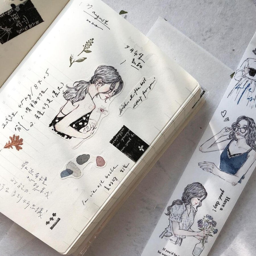 Băng keo Washi tape cô gái xinh xắn Sketch girl chiết lẻ chu kì 70cm | meohime198