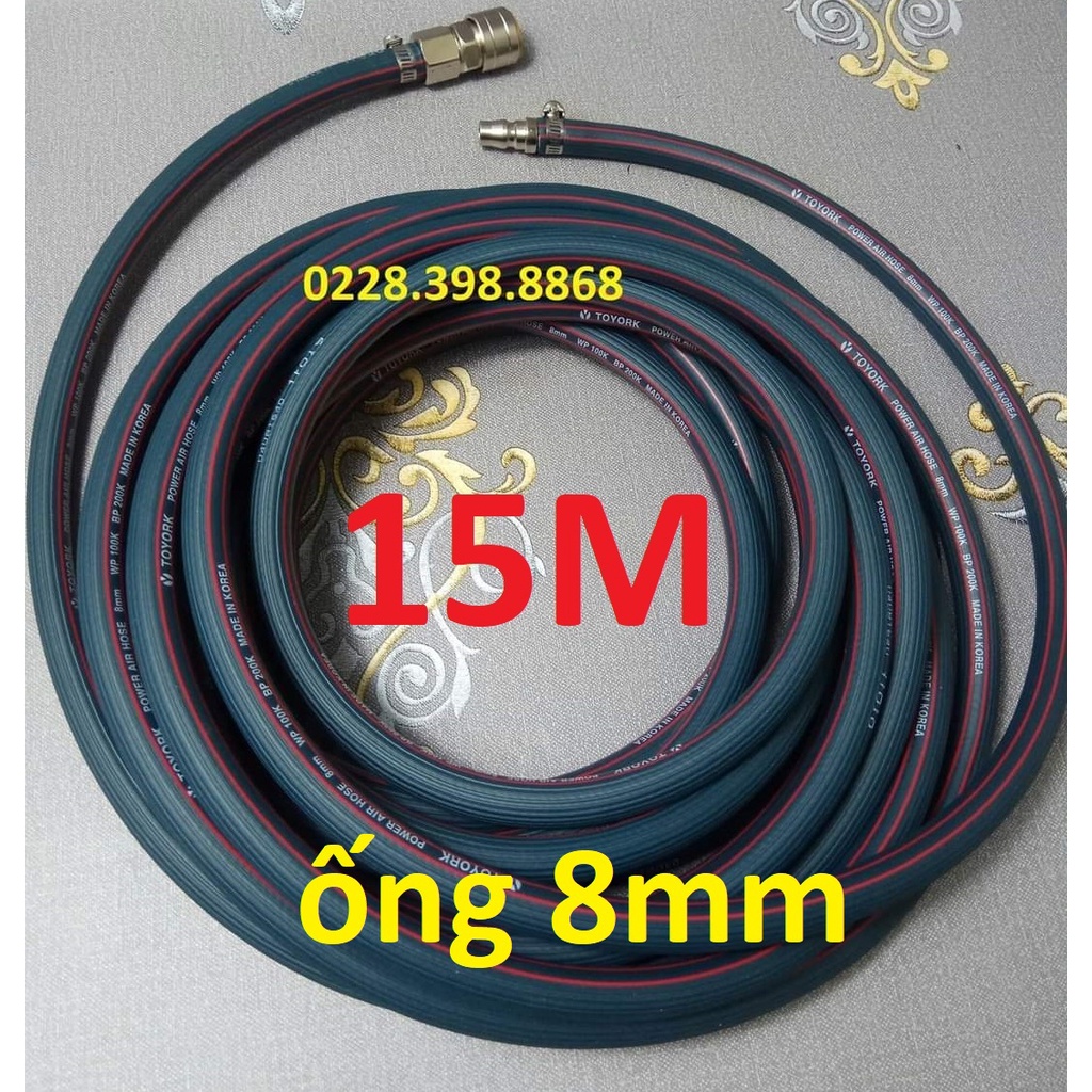 Dây hơi cao su bố vải 15m, made in Korea, lỗ 8mm, kèm bộ đầu nối nhanh cao cấp (SS1983) (SS6704)