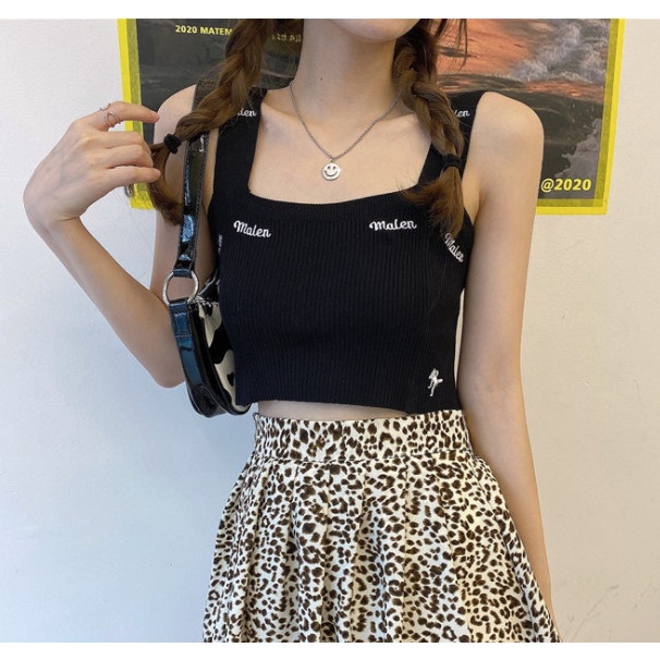 Áo hai dây bản to len tăm croptop thêu chữ A2S13