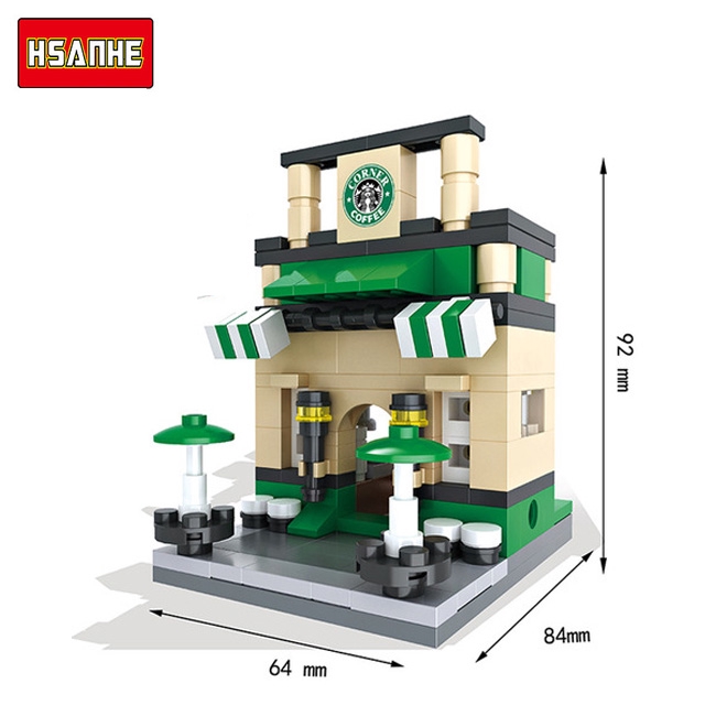 Hsanhe Mini City Chế độ xem phố Đồ ăn Kẹo Pizza Cửa hàng kem Hình khối Xây dựng Lego Món quà tương thích cho trẻ em