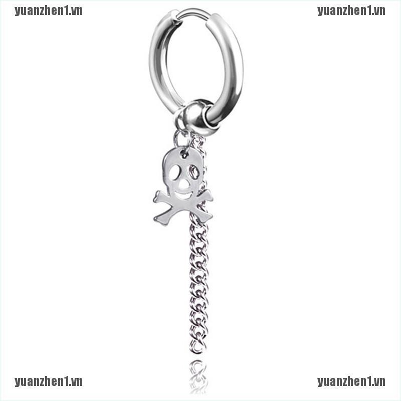 【YUANZHEN1】1PC Titanium Steel Cross Skull Earrings Ear Studs Tassel Chain Earr