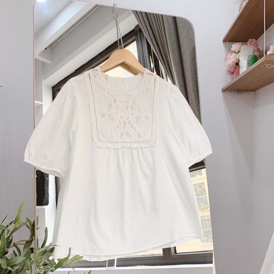 Áo sơ mi nữ trắng tay dài thêu hoa cổ ngực bản to babydoll, Áo sơ mi nữ cộc tay bồng thêu hoa ngực cổ khuy lưng