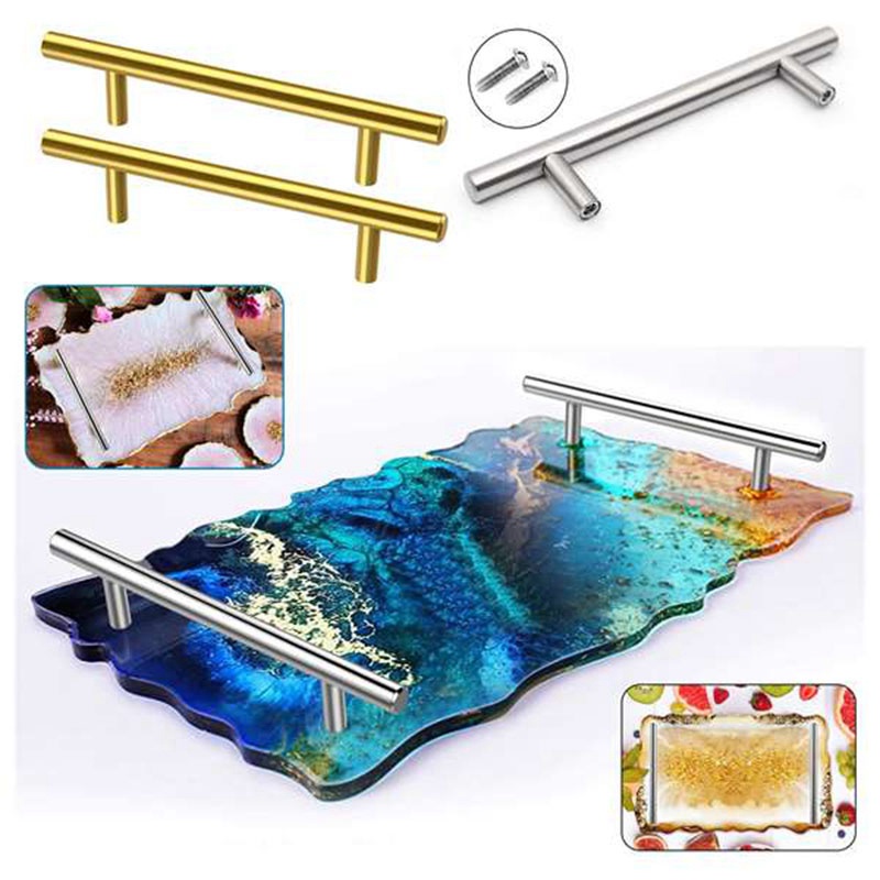 Set 4 Khuôn Làm Khay Phục Vụ Bằng Thép Không Gỉ Tay Cầm Bằng Nhựa Resin Màu Vàng Kim
