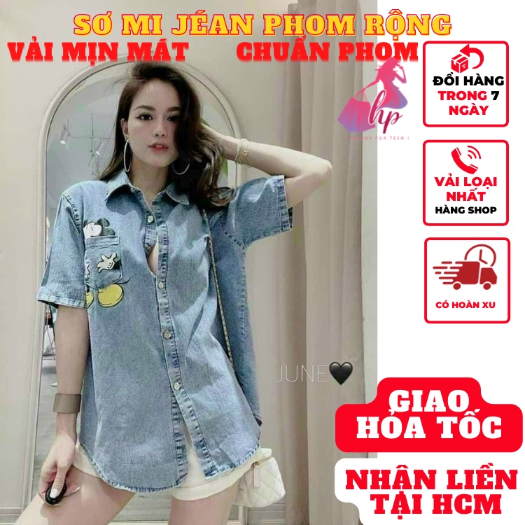 Áo sơ mi jean nữ tay ngắn phom rộng mềm mịn phối túi in họa tiết kiểu hàn quốc thời trang sang chảnh A133
