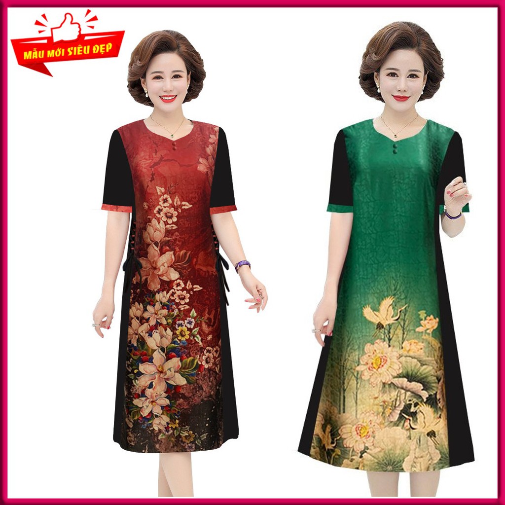 Đầm Trung Niên Cao cấp, dáng đầm quý bà sang trọng. Đầm BigSize, Đầm Suông Phối Gấm lụa In Họa Tiết Đan Dây 2 Bên