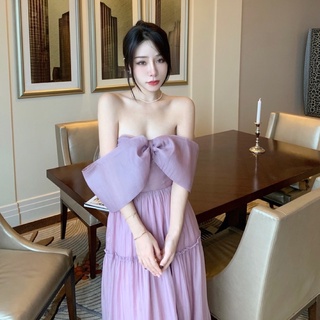 đầm maxi ren trễ vai nơ koreastyle