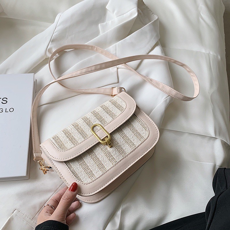 Túi Cói Đeo Chéo Pha Da Dáng Hộp Nắp Gài Phong Cách Giới Trẻ Hàn Quốc [ hàng mới giá tốt]